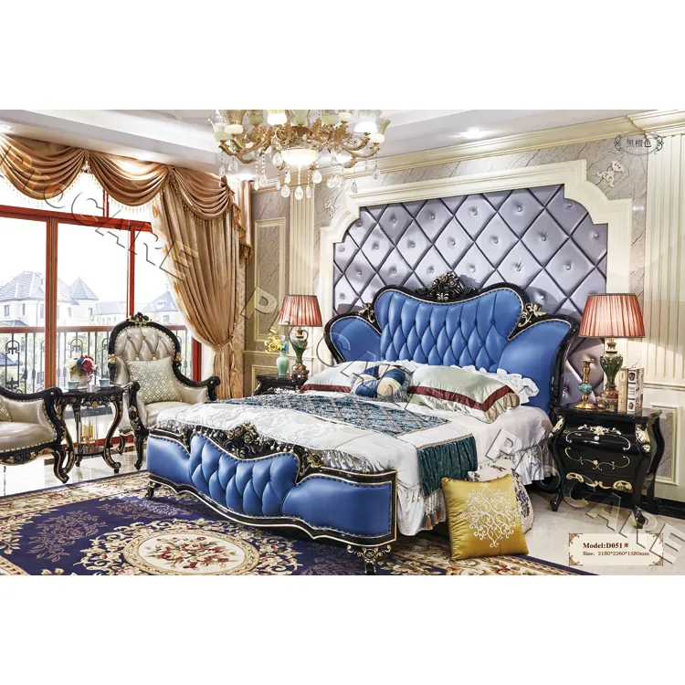 Italian Style European Bedroom Wood King Size Royal Upholstered Bed