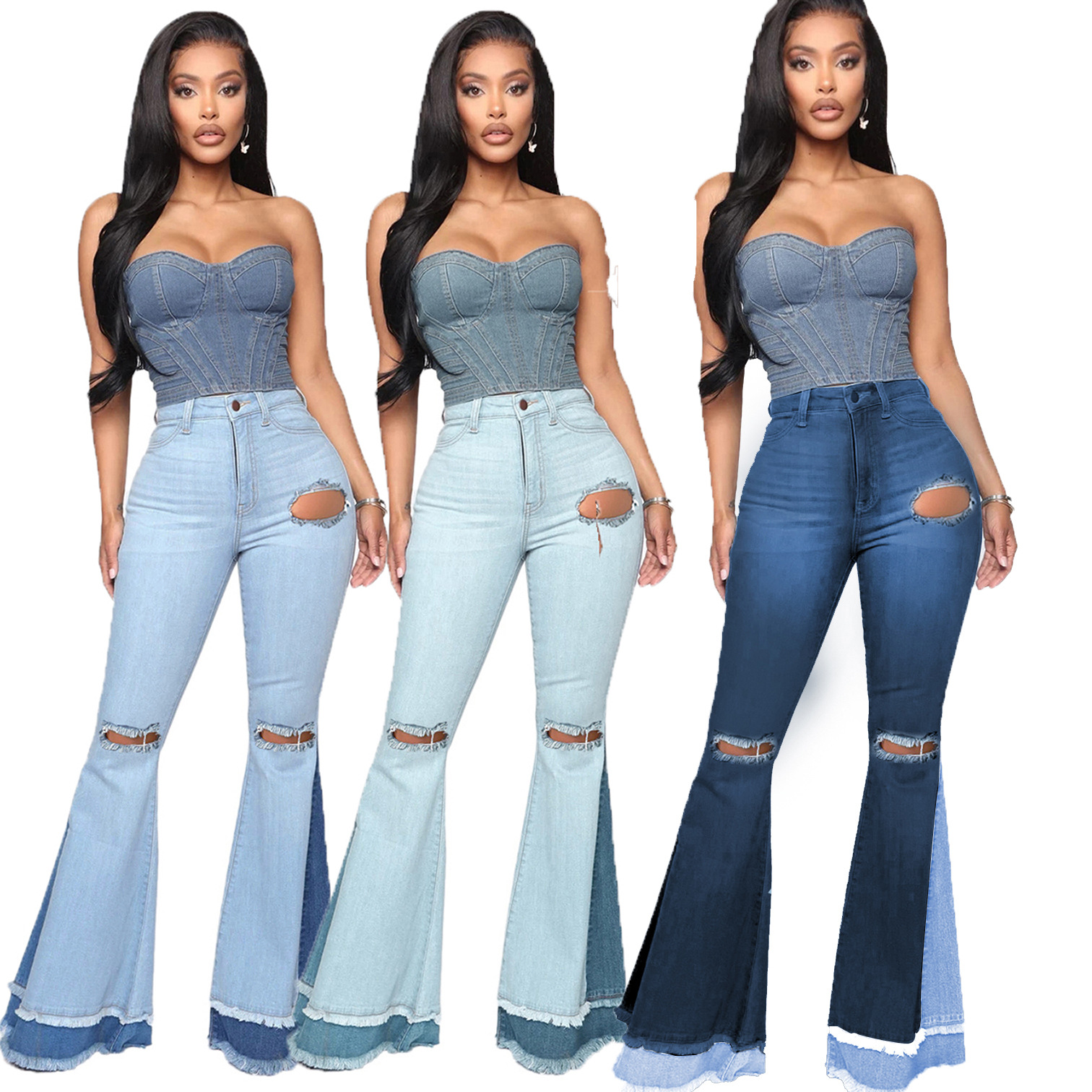 Wholesale ladies wide leg denim pants women high waist bell bottoms jeans
