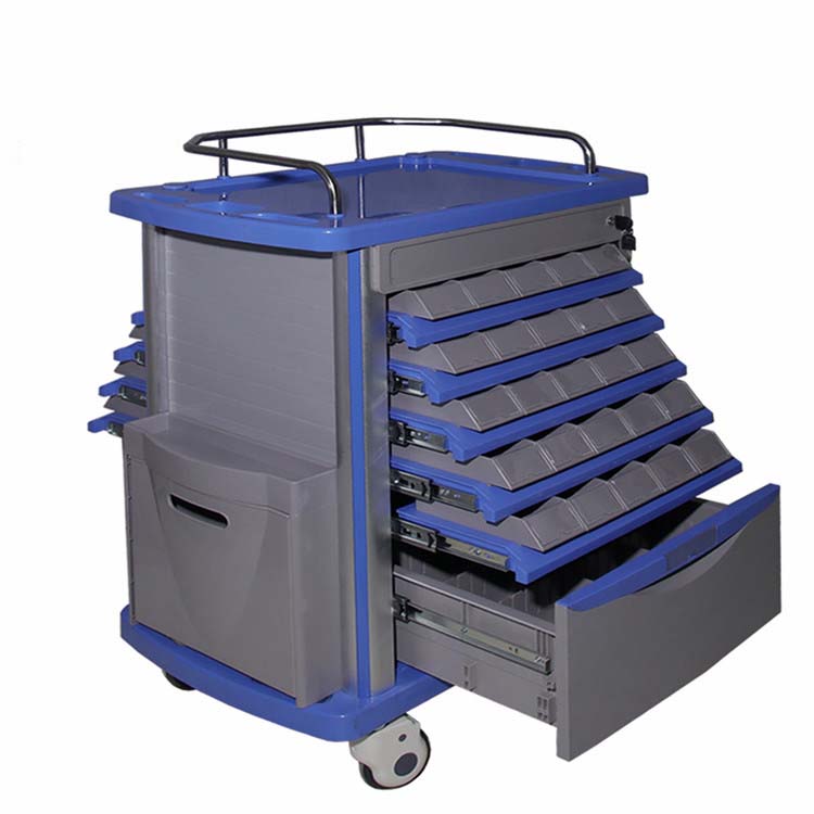 BT-MY002B Hospital ABS Plastic double sided medicine trolley, medical dressing cart with 5 drawers castor price