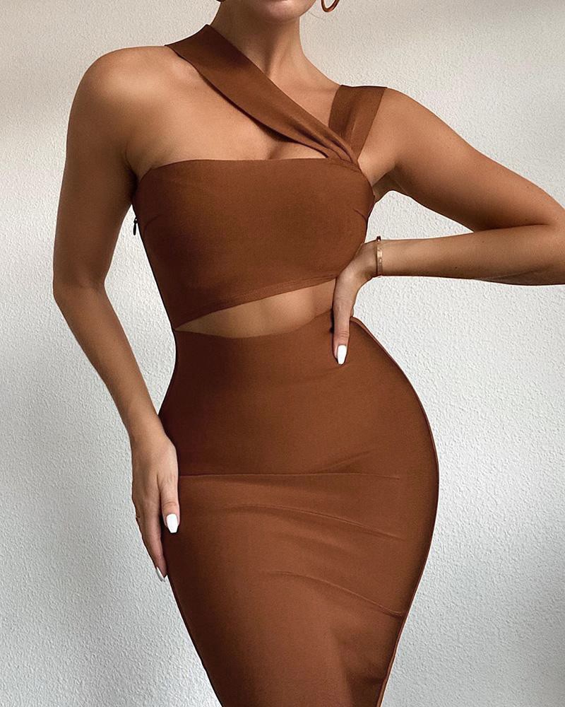2021 Slim-fit solid color sleeveless halter hip skirt Plian One Shoulder Cutout Dress