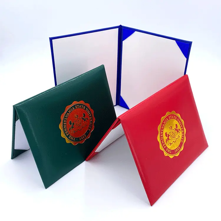 Custom Logo A4 Size Leatherette Golden Imprinted Diploma Of Graduation Certificate Holder Degree Folder Diploma Cover