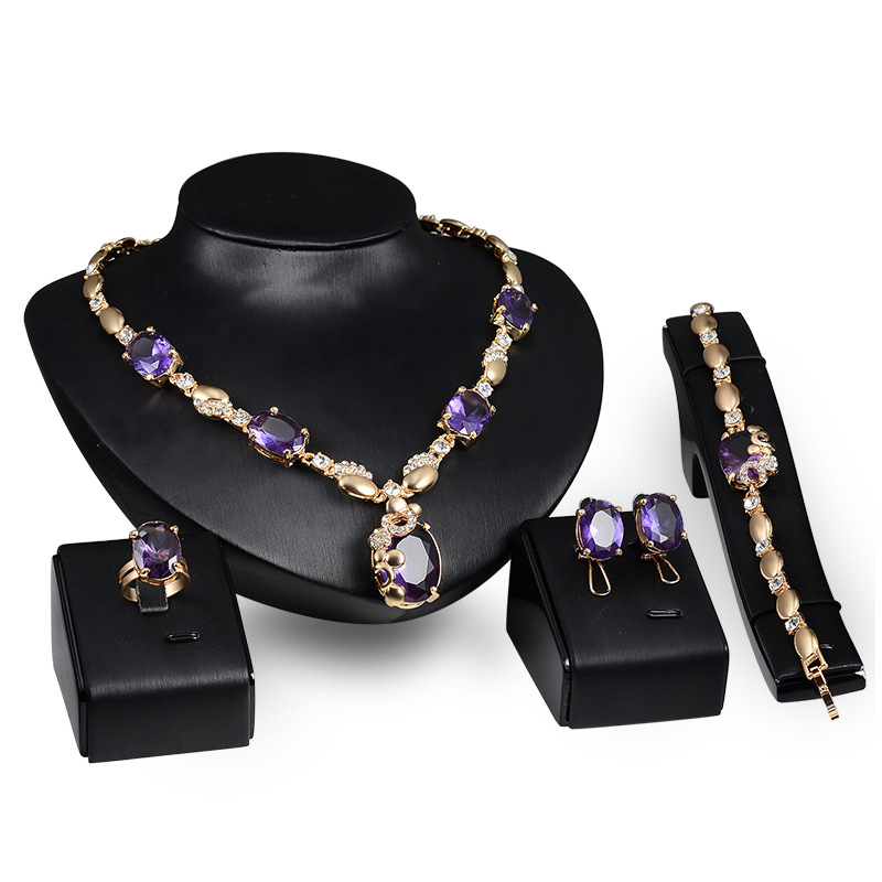 2021 Hot sells 4 piece high quality gemstone gold plating earrings necklace ring bracelet jewelry set