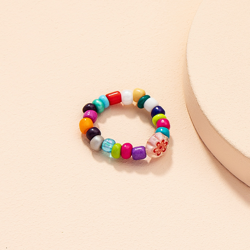 Bohemian Style Colorful Acrylic Flower Beaded Ring Rainbow Color Flower Resin Ring For Girls