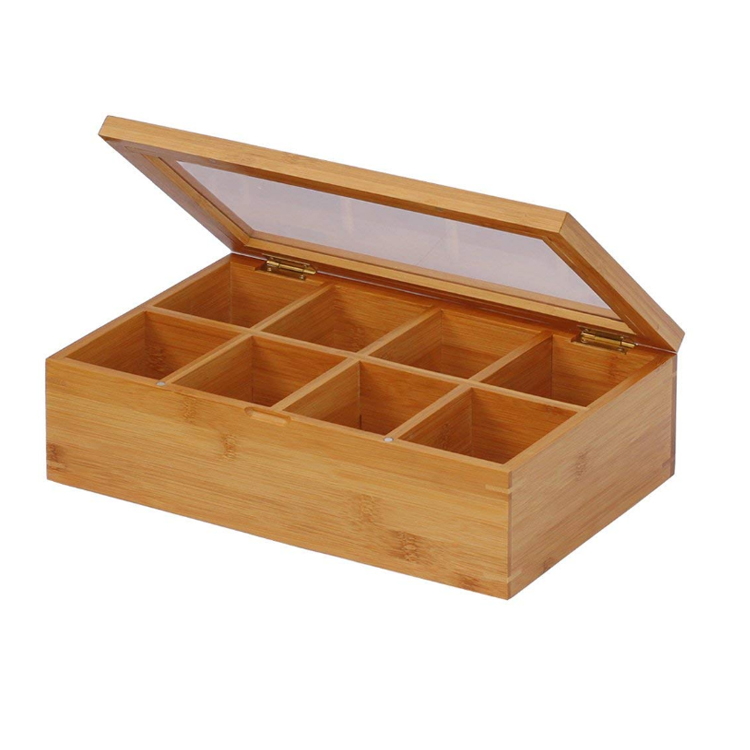 Custom 8 Compartment Tea Bag Storage Organizer Boxes Bamboo Teabox With Window