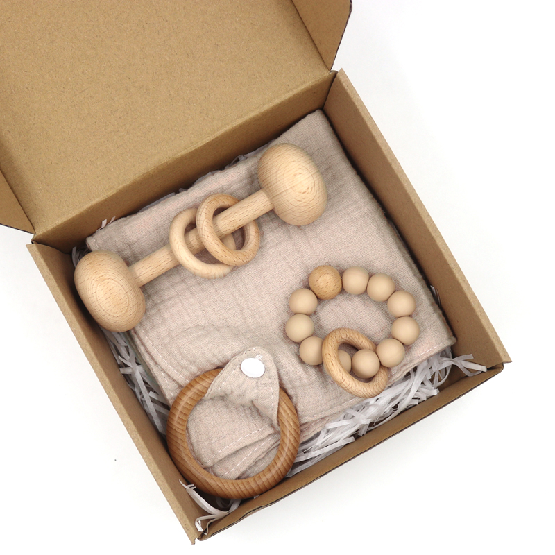 baby wooden rattle toys 100% Cotton Comforter towel wooden teether rattle silicone pacifier chain baby gift sets