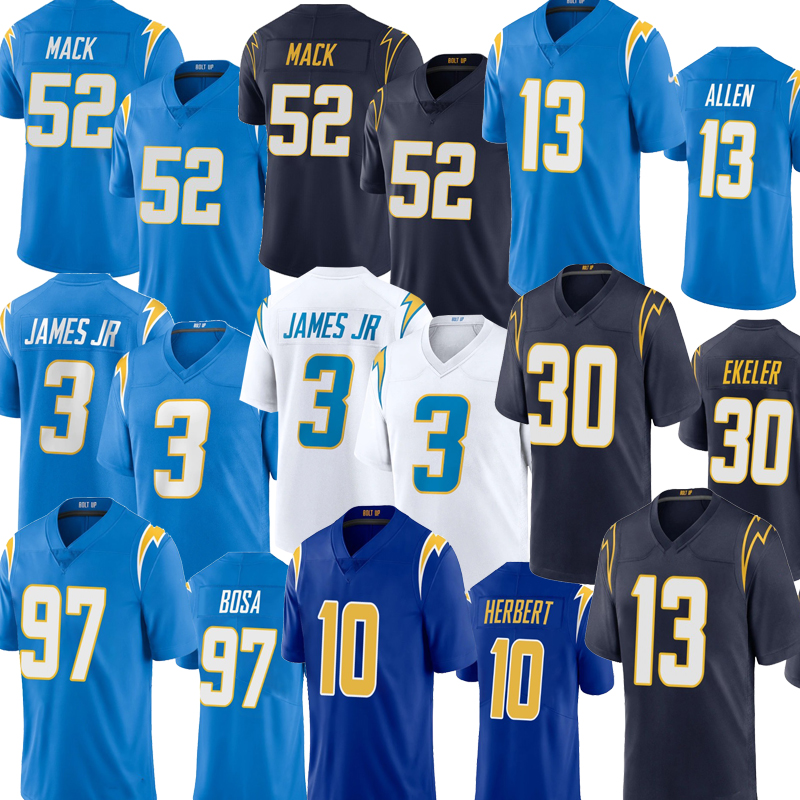 Los Angeles 10 Justin Herbert 52 Khalil Mack 30 Austin Ekeler 97 Joey Bosa J.C. Джексон 3 Дервин Джеймс футбольная майка