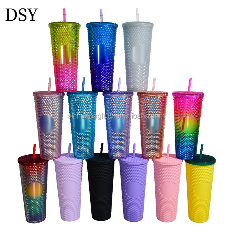 24oz Acrylic Studded Tumblers Double Walled Rainbow Plastic Water Bottle with Straw Cover for Christmas