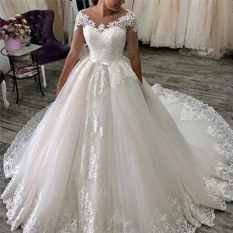 S463 Mid Sleeve Double Shoulder Zipper Tutu Skirt Lace Sexy Tail Plus Size Dress Married Bride Wedding Dress