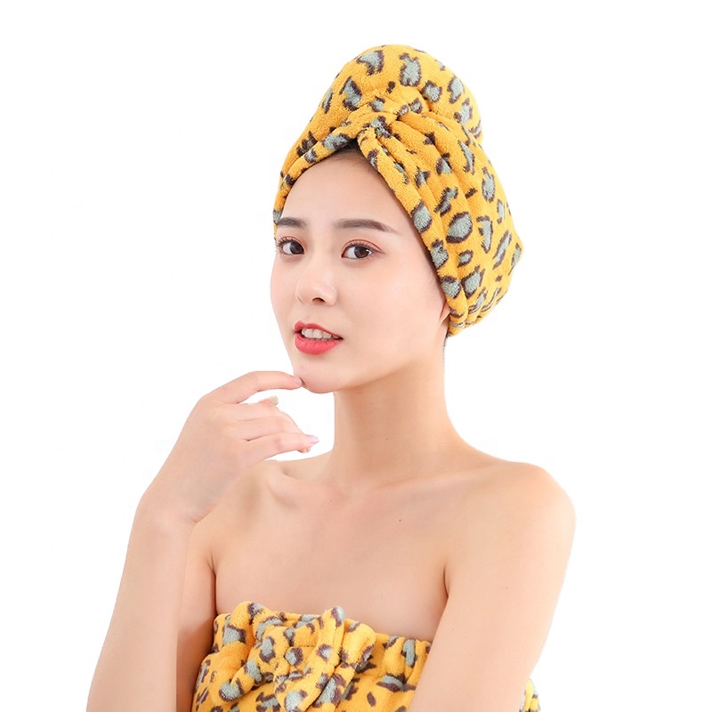 Wholesale super absorbent leopard print hat turban lady SPA Shower hair drying towel
