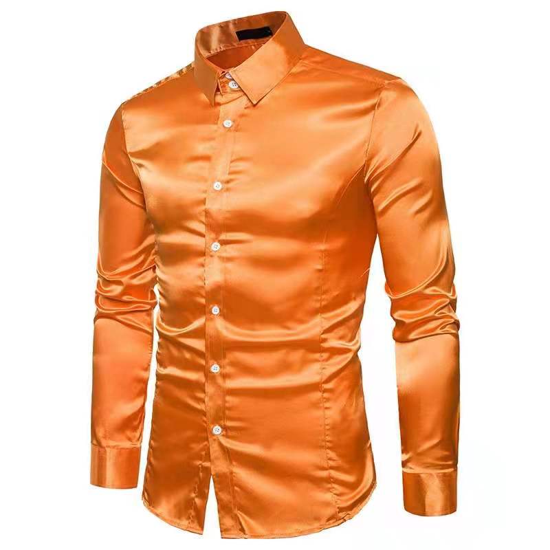 2021 Men's Plain Men's Casual Shirt Men's Fashion Bright Glossy Lapel Long-sleeve Tuxedo Shirt Smooth Shiny Gold Wedding Shirt