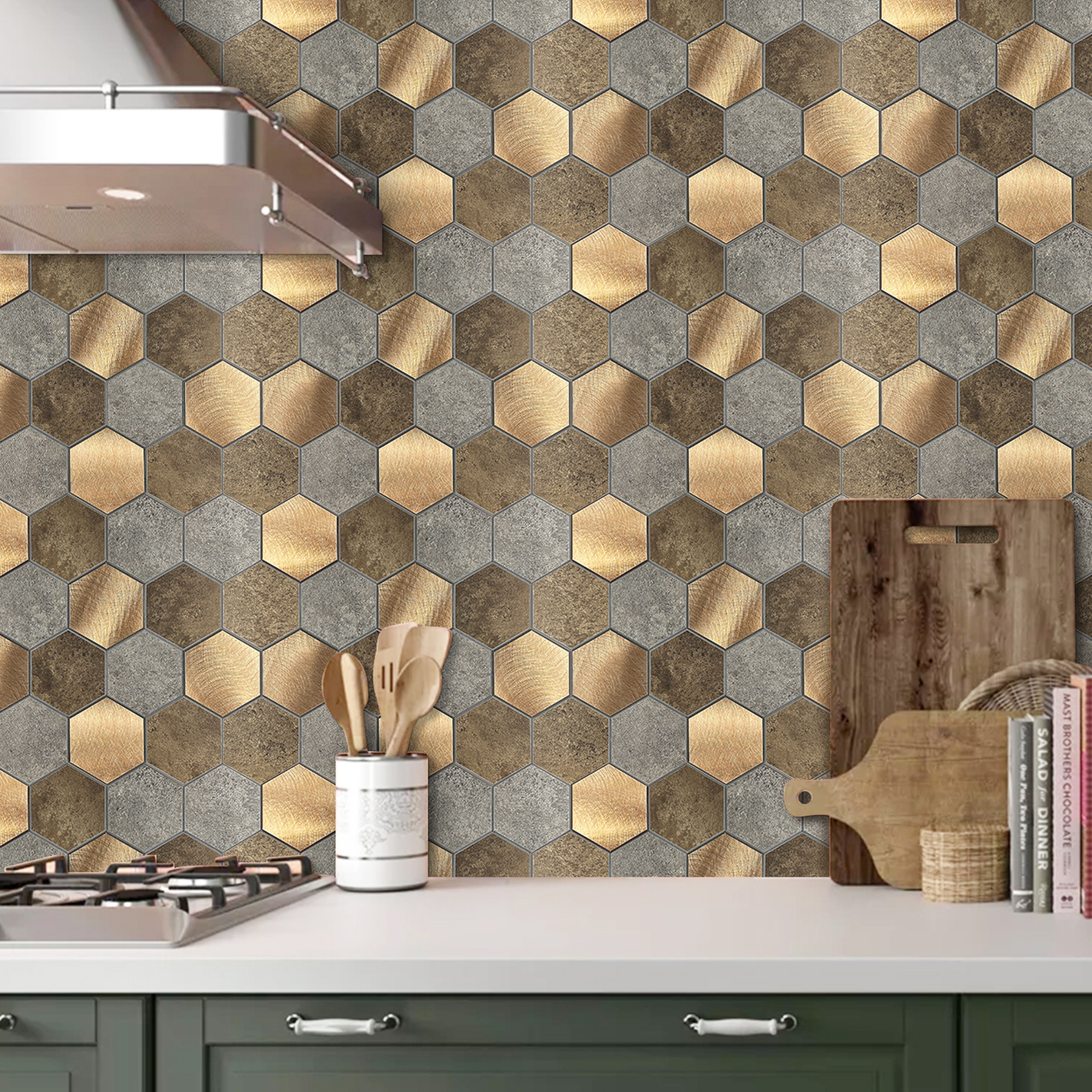 New Trends Easy Home Wall Decoration Peel And Stick Hexagon Metal And PVC Tile Self Adhesive Mosaic