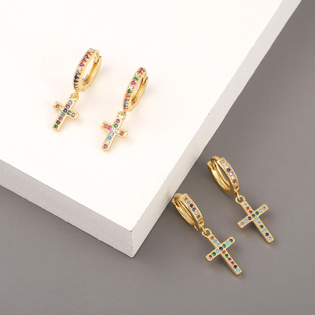 2021 New Hip Hop Jewelry 18k Gold Plated Cross Dangle Earring Ice Out Cz Cubic Zirconia Earring Colorful Cross Drop Hoop Earring