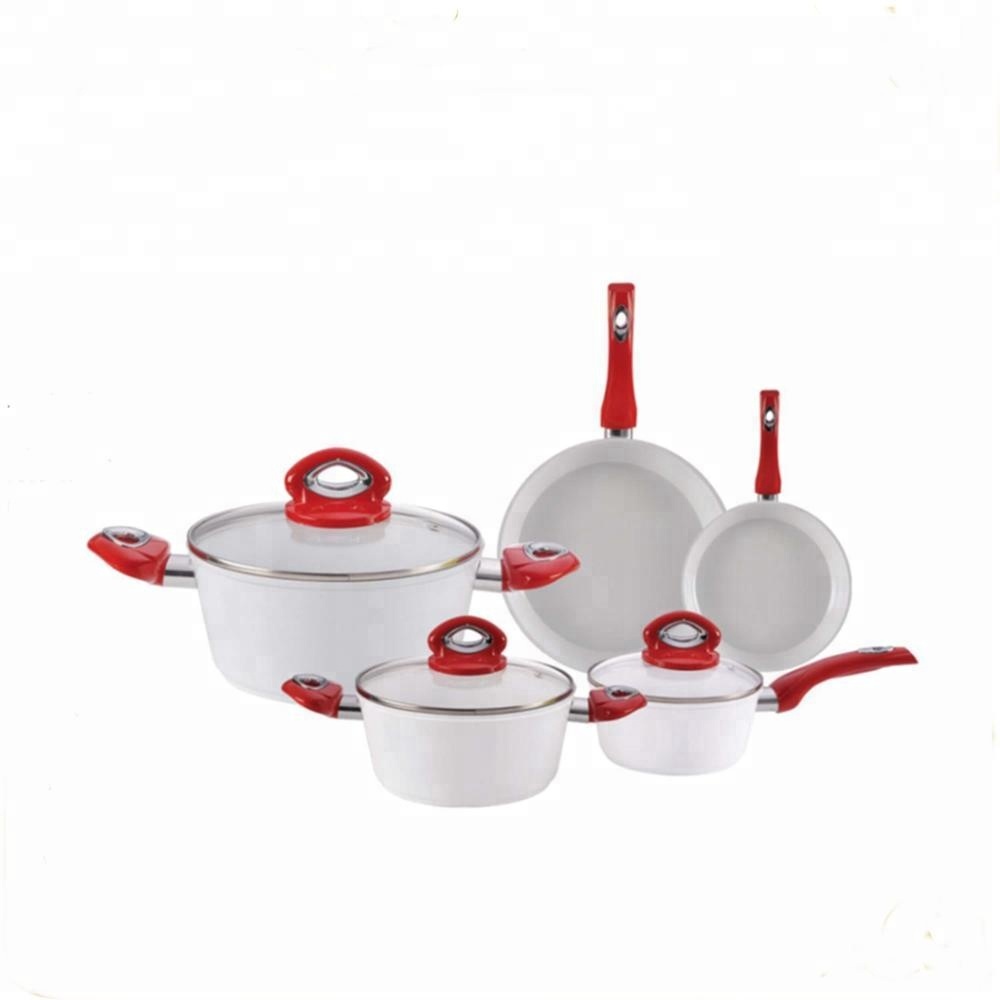 8pcs forged aluminum ceramic coated cookware with induction bottom and bright red color handles and knobs MSF-6097