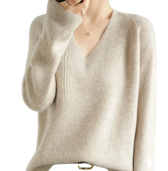 Custom v neck solid rib knit high quality women wool sweaters