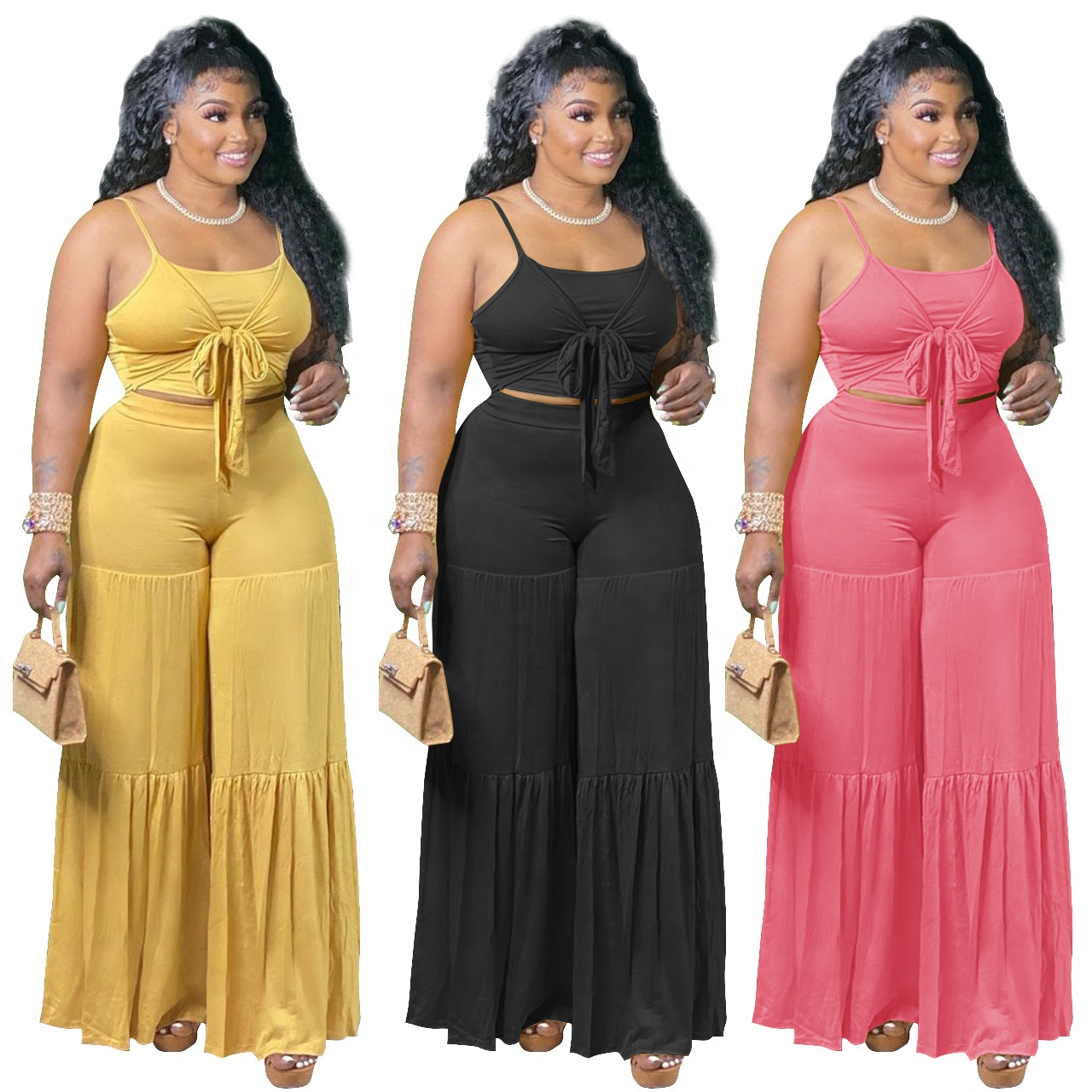 2021 Hot Sale Women Fashionable Breathable Sleeveless Solid Color Sexy Suspender Mid-Waist Pleated Two-Piece Wide-Leg Pants Set