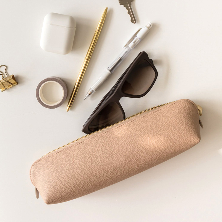 Nude pink brushes and pencil storage pouch portable gold zipper closure vegan leather makeup storage case