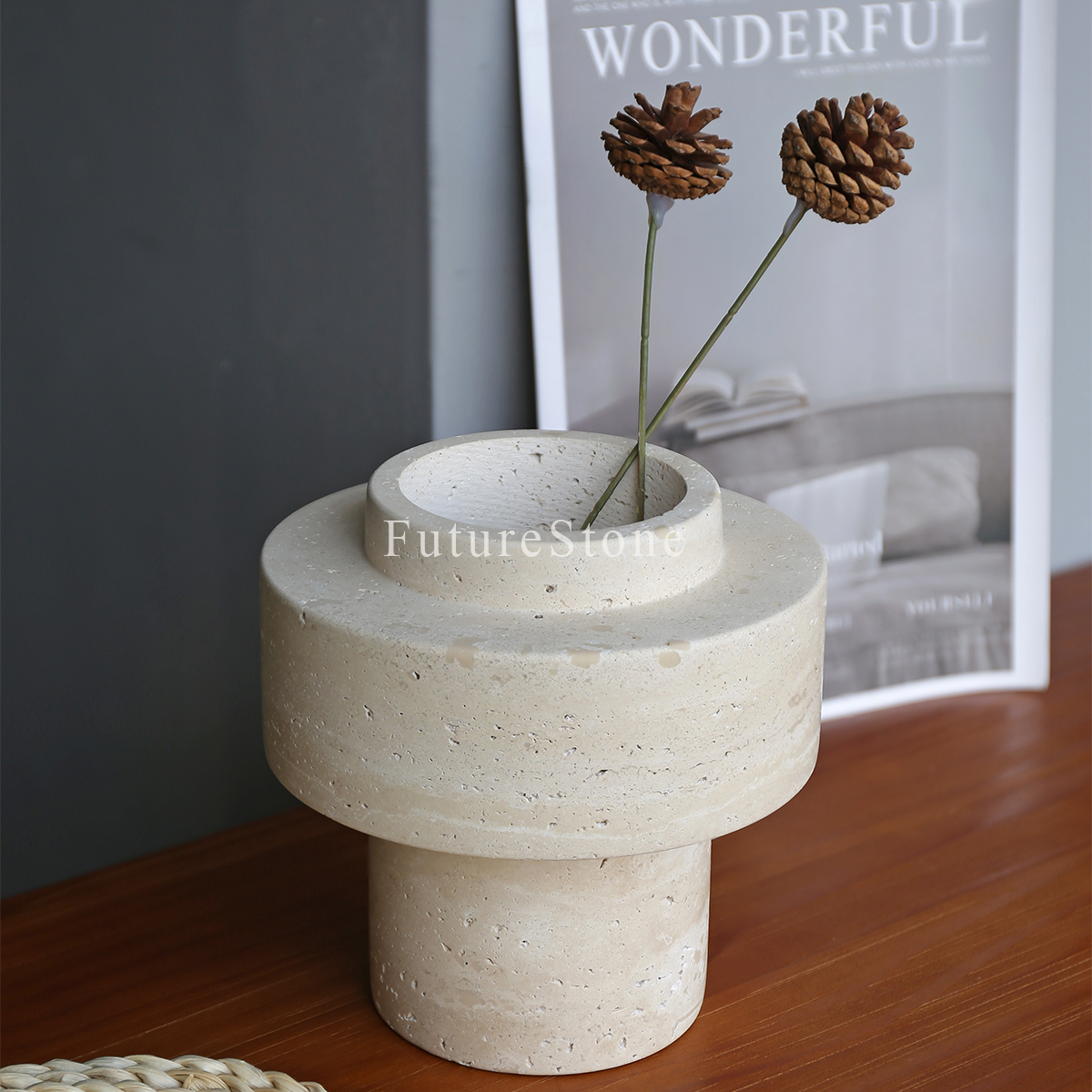 Luxury Wabi-Sabi Round Shape Nayutal Stone Travertine Flower Vase For Decoration Flower Vase Home Living Room Decoration Wedding