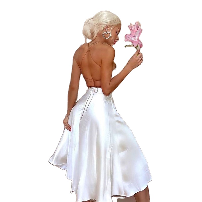 Factory Hot Sale Summer And Autumn New Dress Women Sexy Ladies High Slit Dress Halter Strap Mid-length White Dress