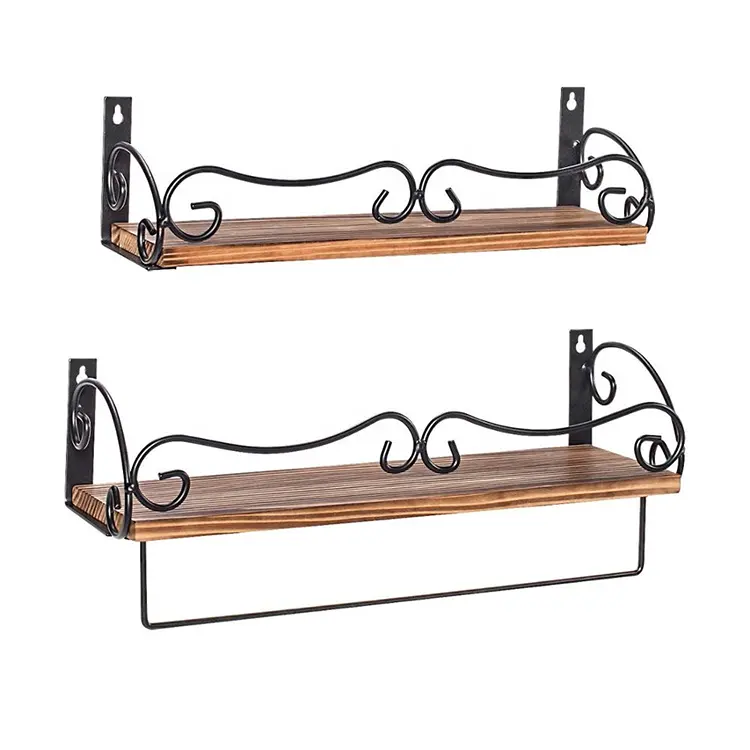 Country Style Set Of 2 Floating Wall Shelf Rustic Wood Floating Shelves With Removable Towel Bar