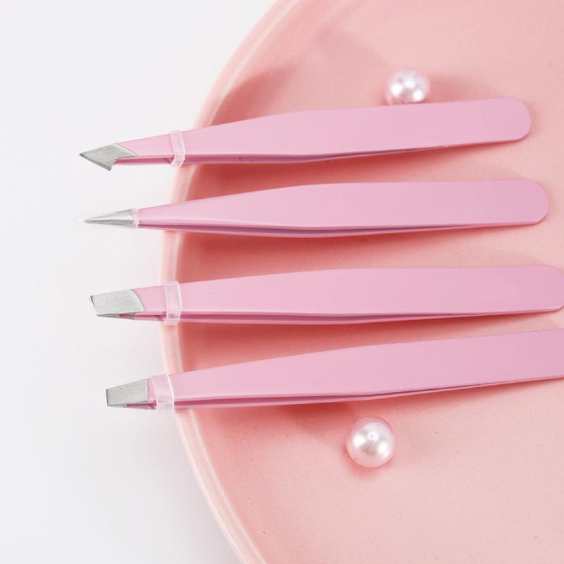 Customized Logo Black Pink Eyebrow tweezer Hot Sale Good Stainless Steel Pointed Slanted Eyebrow Eyelash Tweezers Color Clip Set