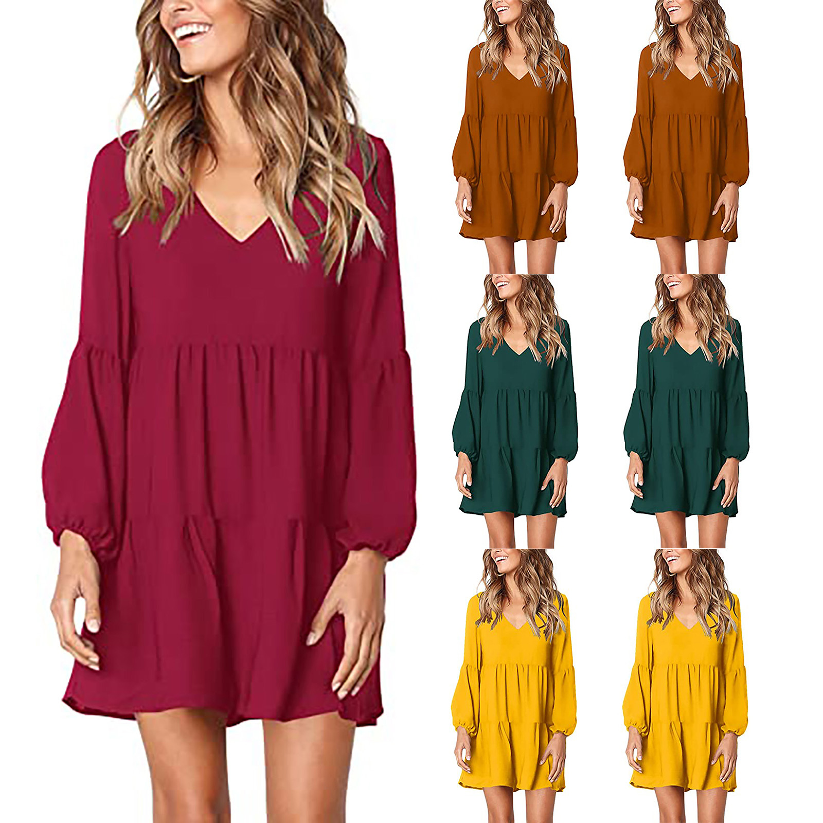 Women Summer Tunic Dress V Neck Casual Loose Flowy Swing Shift Dresses