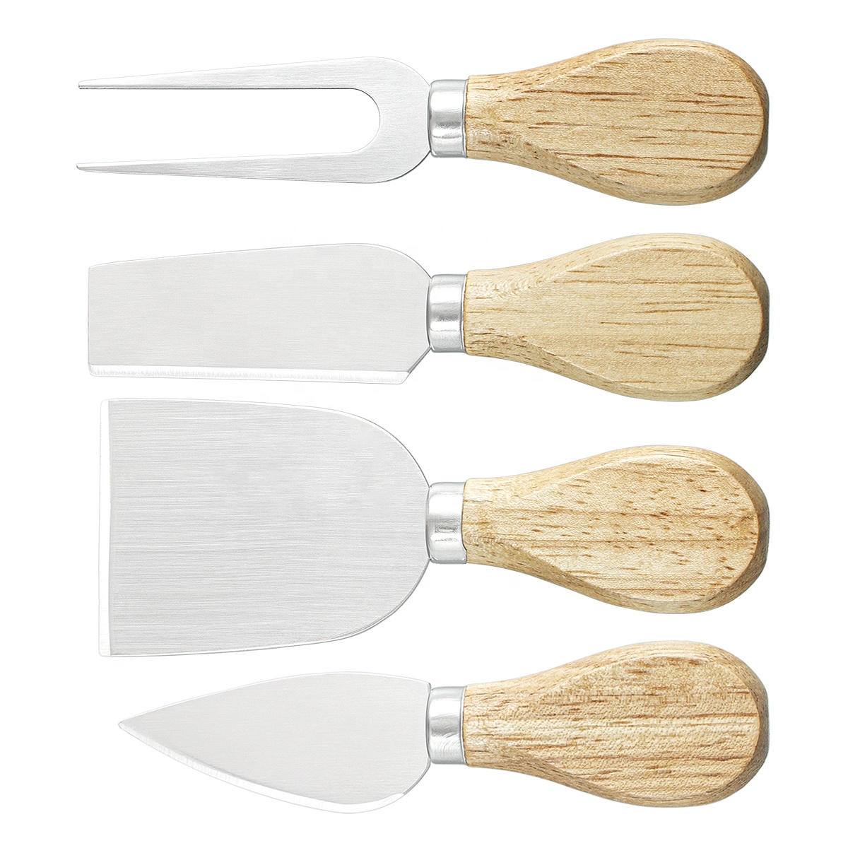 Amazon hot sell 4pcs Classical Cheese Knife Tool Set Rubber Wood Handle Stainless Steel Cheese Knife Set for Cheese Pizza