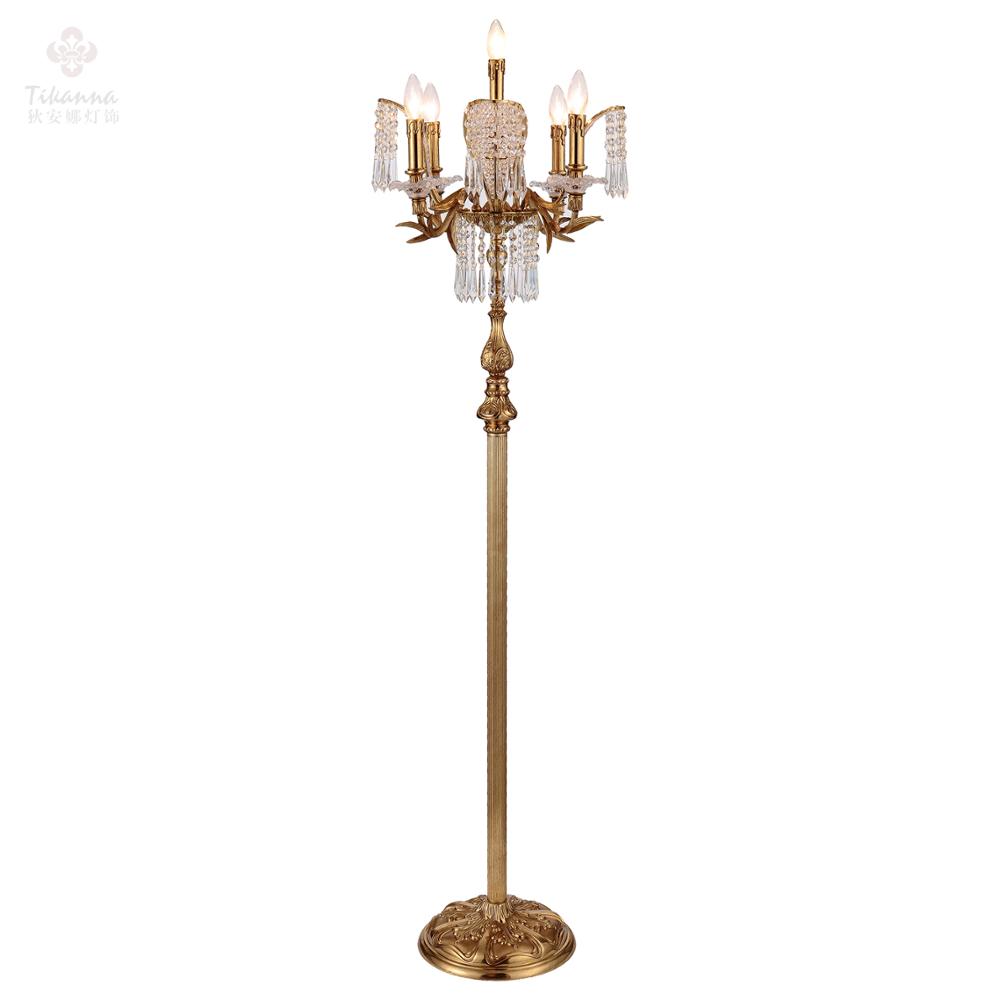 New French Luxurious Copper Brass Crystal Standard Large Floor Lamp