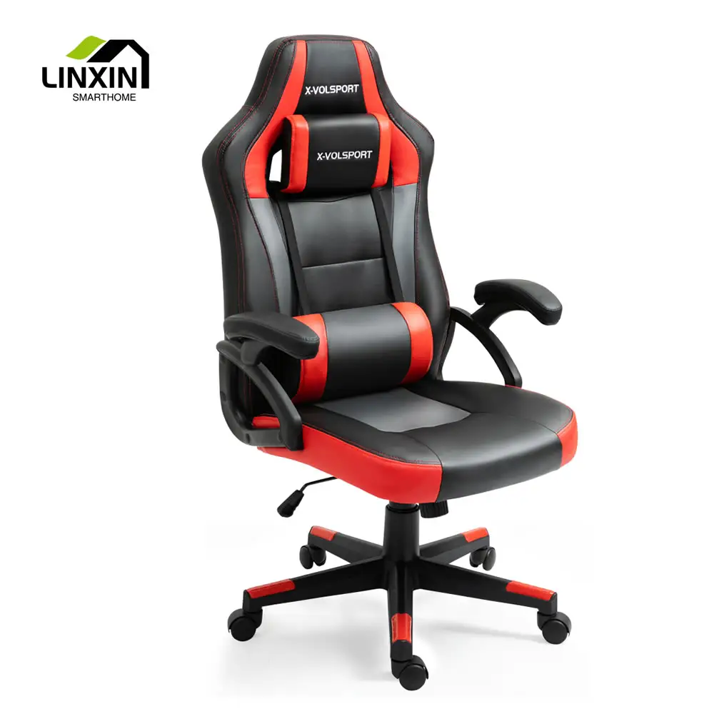 High Quality Luxury Modern Ergonomic PU Leather Black and Red Swivel Computer Home Gaming Guest Office Chairs with Headrest