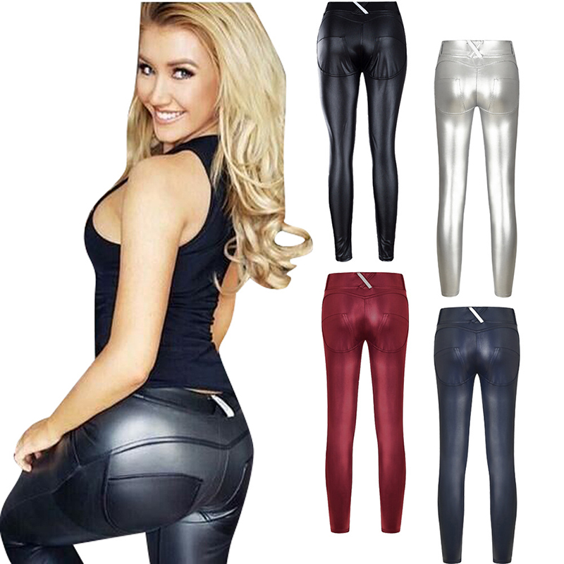 Plus Size Women High Waist Skinny Trousers High Elasticity Leather Leggings Hip lift Slim PU Pants