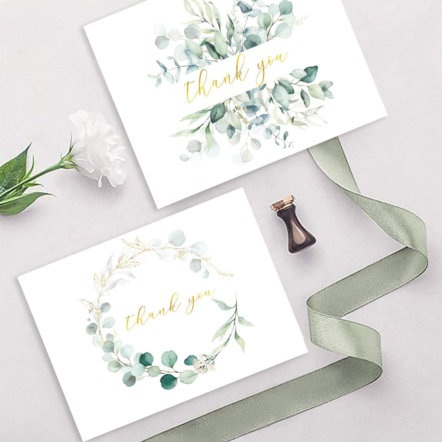 Gold Foil Thank You Cards Bulk Blank Note Cards with Greenery Envelopes Include Stickers Perfect for Wedding Baby Shower