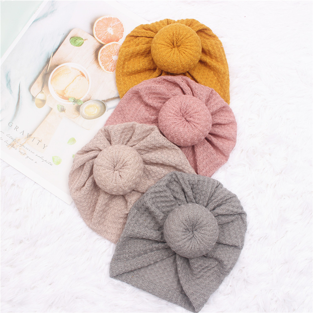 2021 New Baby Top Knot Hat Waffle Knitted Turban Beanies for Kids Toddler Round Ball Bonnet Head Wraps Infant Hair Accessories