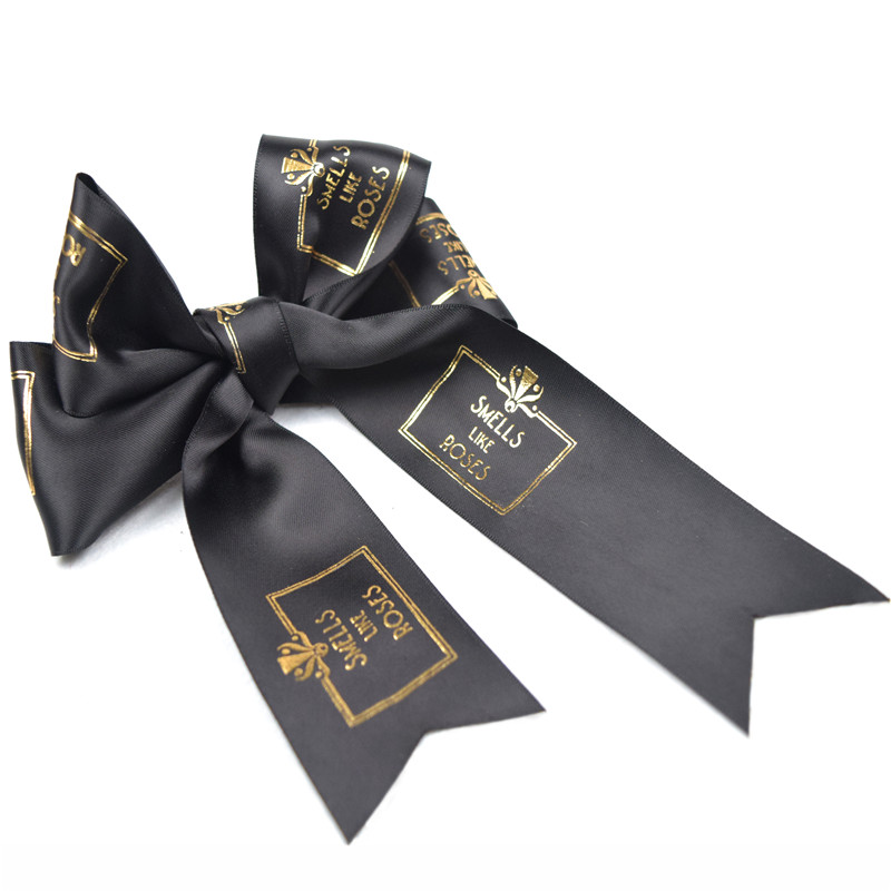 Yiwu wholesale custom logo alcohol brand gift box bows for girls hair decoration satin black ribbon