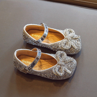 Rhinestone girl princess shoes, autumn bow-tie children's small shoes, soft sole non-slip girls single shoes