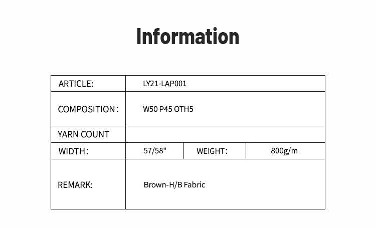 Wholesale Custom OEM ODM Supplier Textiles Raw Material Apparel Cloth W50% P45% OTH5% 57/58" 800g/m Brown-H/B Fabric