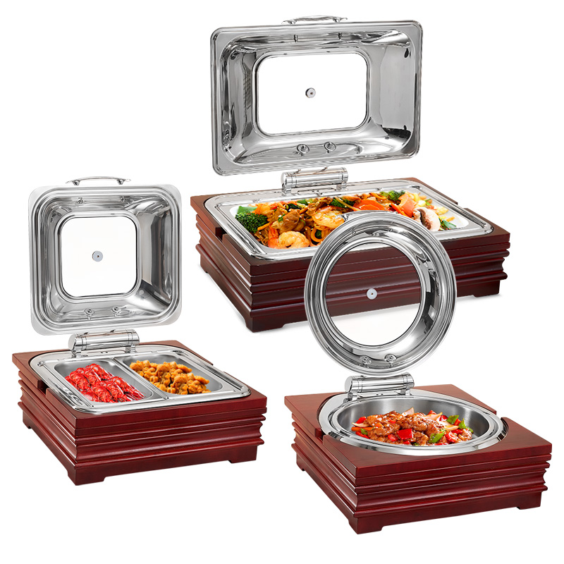 oak wood base stainless steal food warmer Hydraulic pressure buffet stove chafing dish for restaurant and hotel For Catering