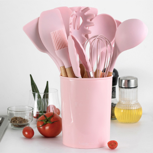 Hot Sell 12 Pieces Silicone Cooking Utensils Wholesale Kitchen Accessories Baking Utensils Set with Wooden Handle