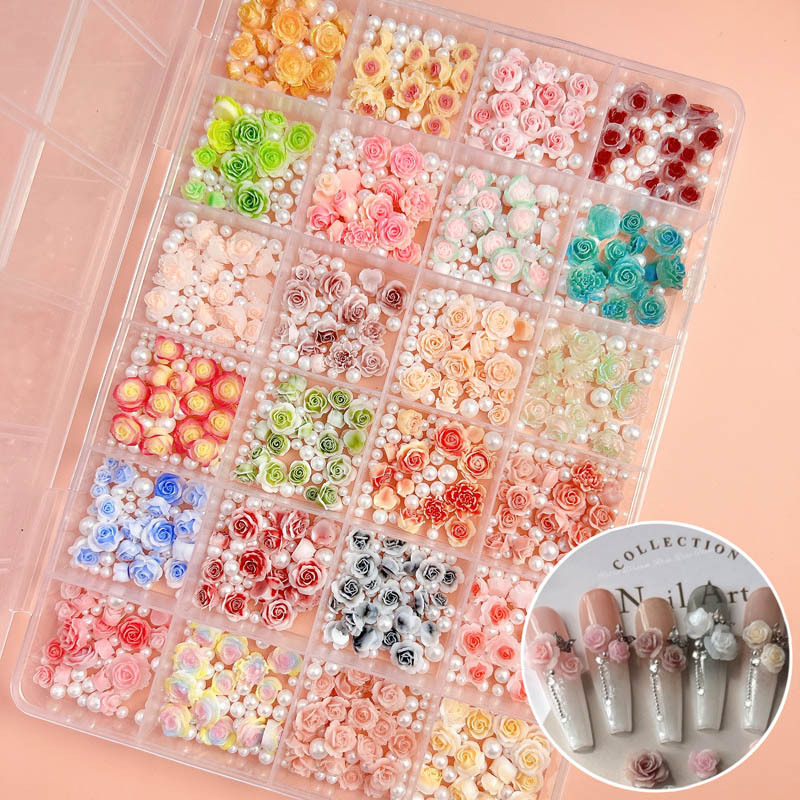 High Quality Mixed Camellia Flower Nail Charms 24 Grids Wholesale DIY Mixed Resin Nail Accessories for Salon