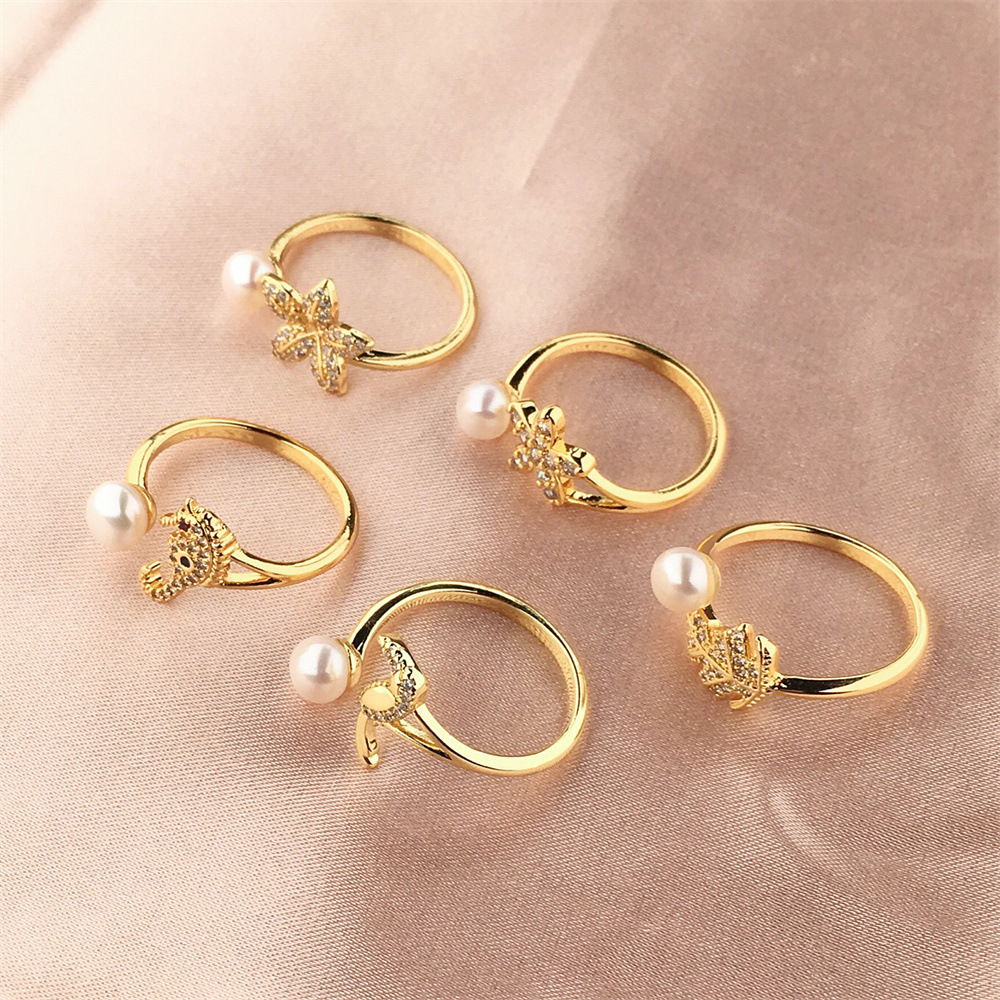 Fashion Adjustable Freshwater Pearl Cubic Zirconia Flower Leaf Opening Ring Copper Gold Plated Zircon Pearl Finger Rings