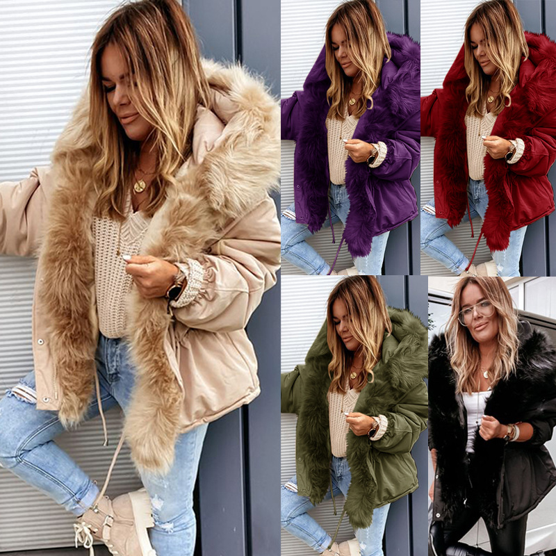 2021 solid color big fur collar drawstring slim-fit pie overcoming hooded autumn and winter coat cotton jacket women's clothing