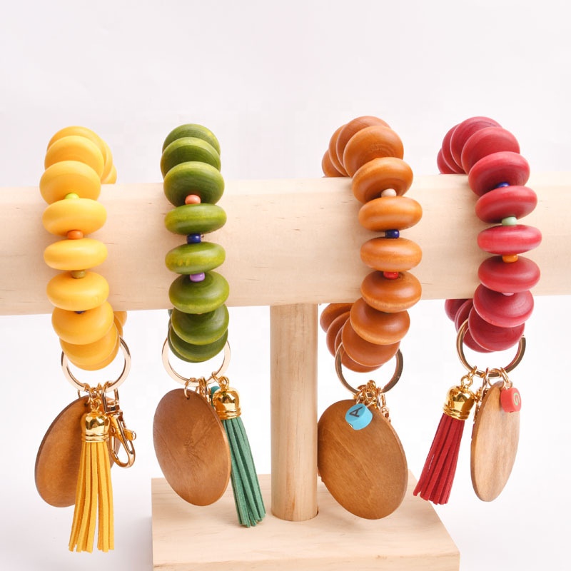 Geometry Circle Wood Bead Bracelet Keychains Bohemia Handmade Coloful Tassel Women Bangle Keychain For Pendant Bag