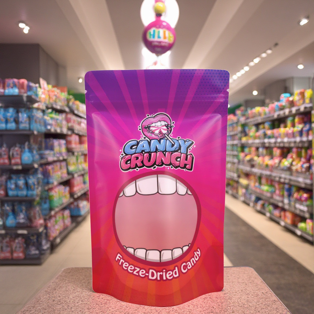Custom Brand Plastic Mylar Bags Smell Proof Resealable Food Freeze Dried Candy Gummy Packaging Bags With Window Stand Up Pouch