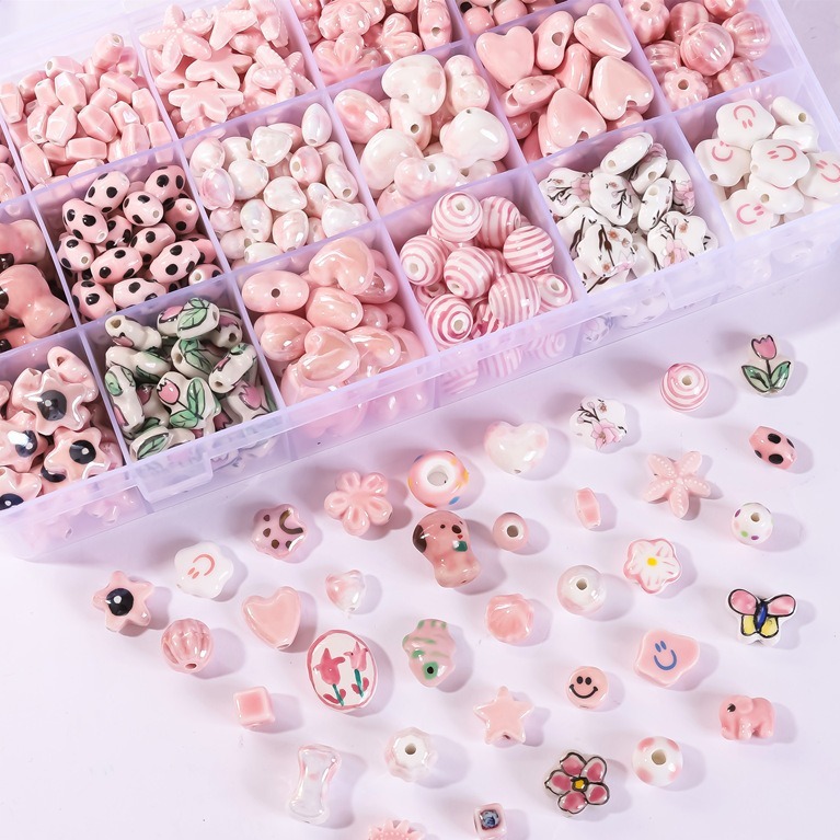 New Pink Series 13-27mm Ceramic Clay Beads Handmade Graffiti Animal Flower Charm for DIY Bracelet Necklace Jewelry Accessories