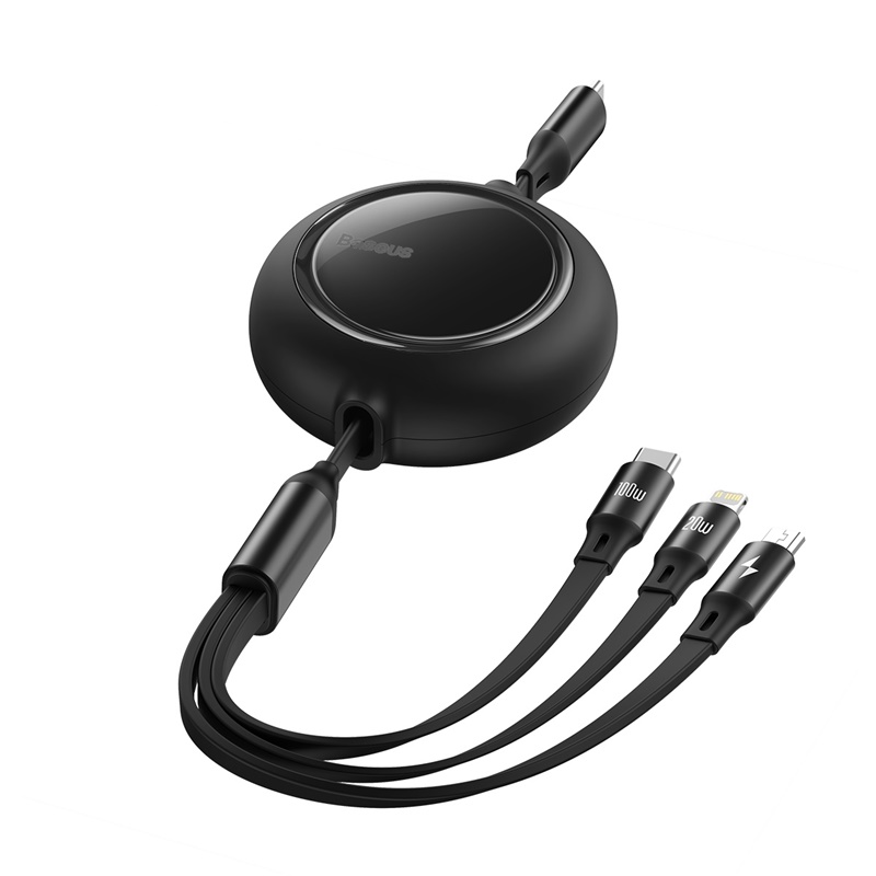 Baseus 100W 1.2m 3 in 1 Type-C to M+L+C Retractable Transfer Fast Charging Charger Data Cable