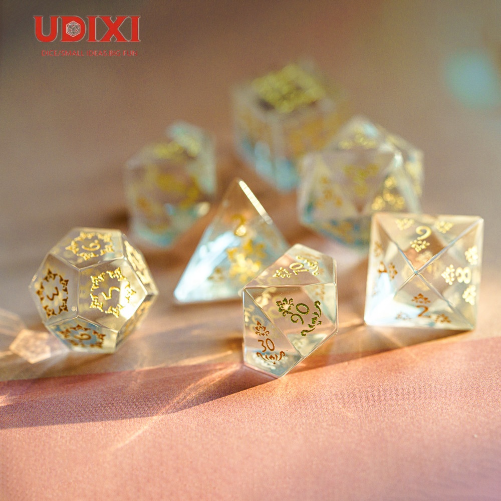 Udixi Pattern Carving Transparent Glass Gemstone Dice Dungeons and Dragons Dice