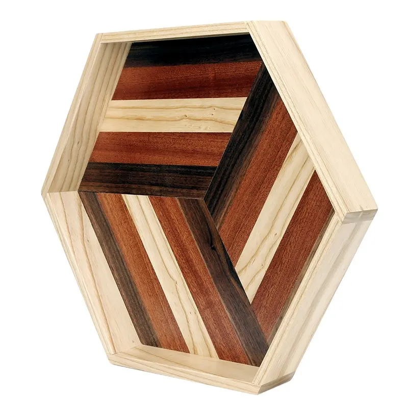 Handmade Hexagon Serving Decorative Tray Wood Food Storage Tray for Coffee Table/Decoration Table