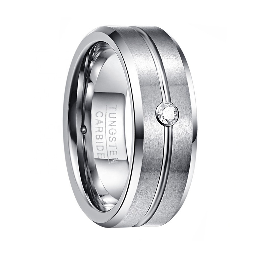 Alin Brushed Tungsten Carbide Rings Tungsten Wedding Bands Silver Polished Beveled Edge Grooved CZ Stone Inlay