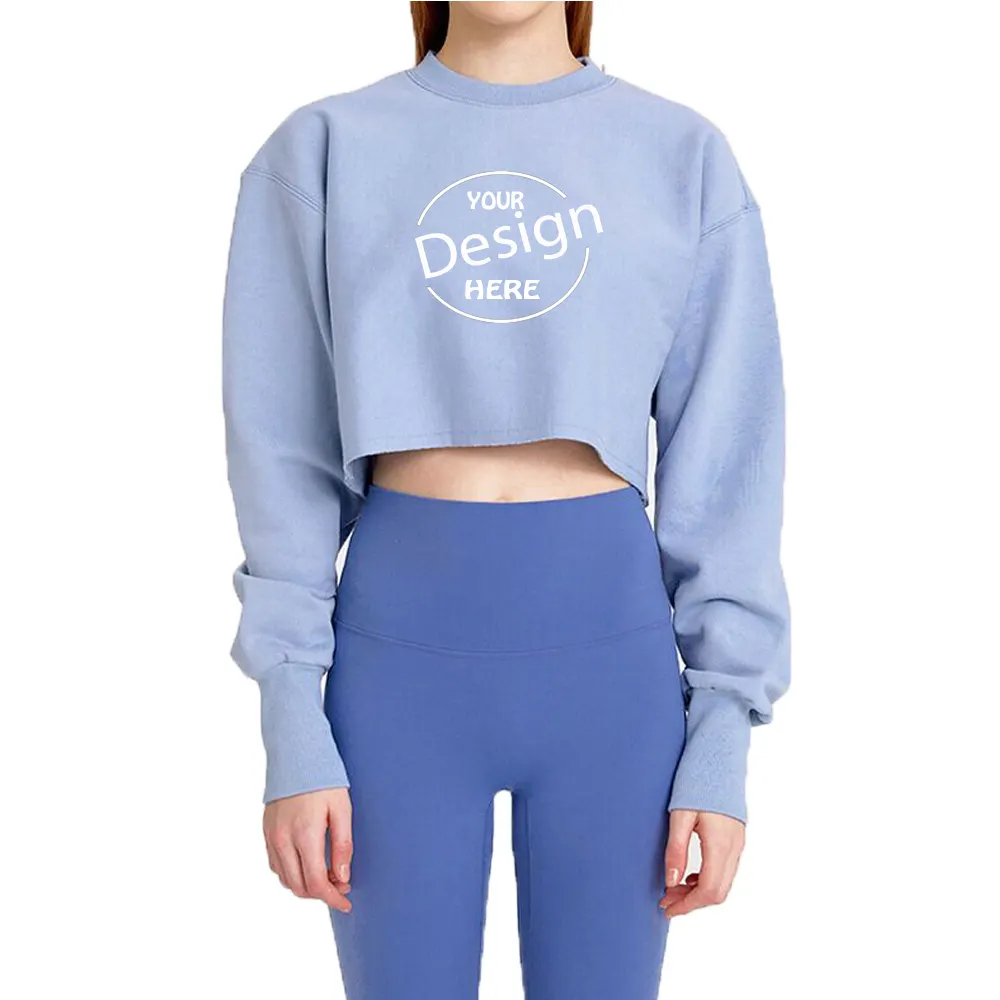 2021 fashion design cropped jumper custom logo printed blank black ladies pullover crewneck white plain crop top sweatshirt