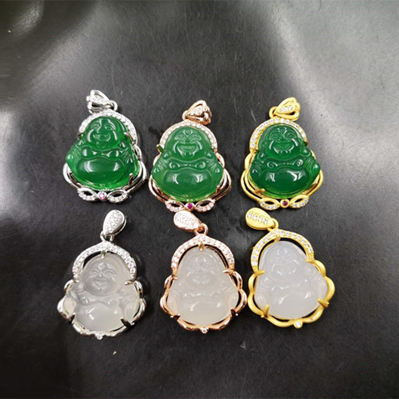 Wholesale cheap jewelry copper gilded buddha beads chalcedony agate pendant necklace maitreya buddha pendant