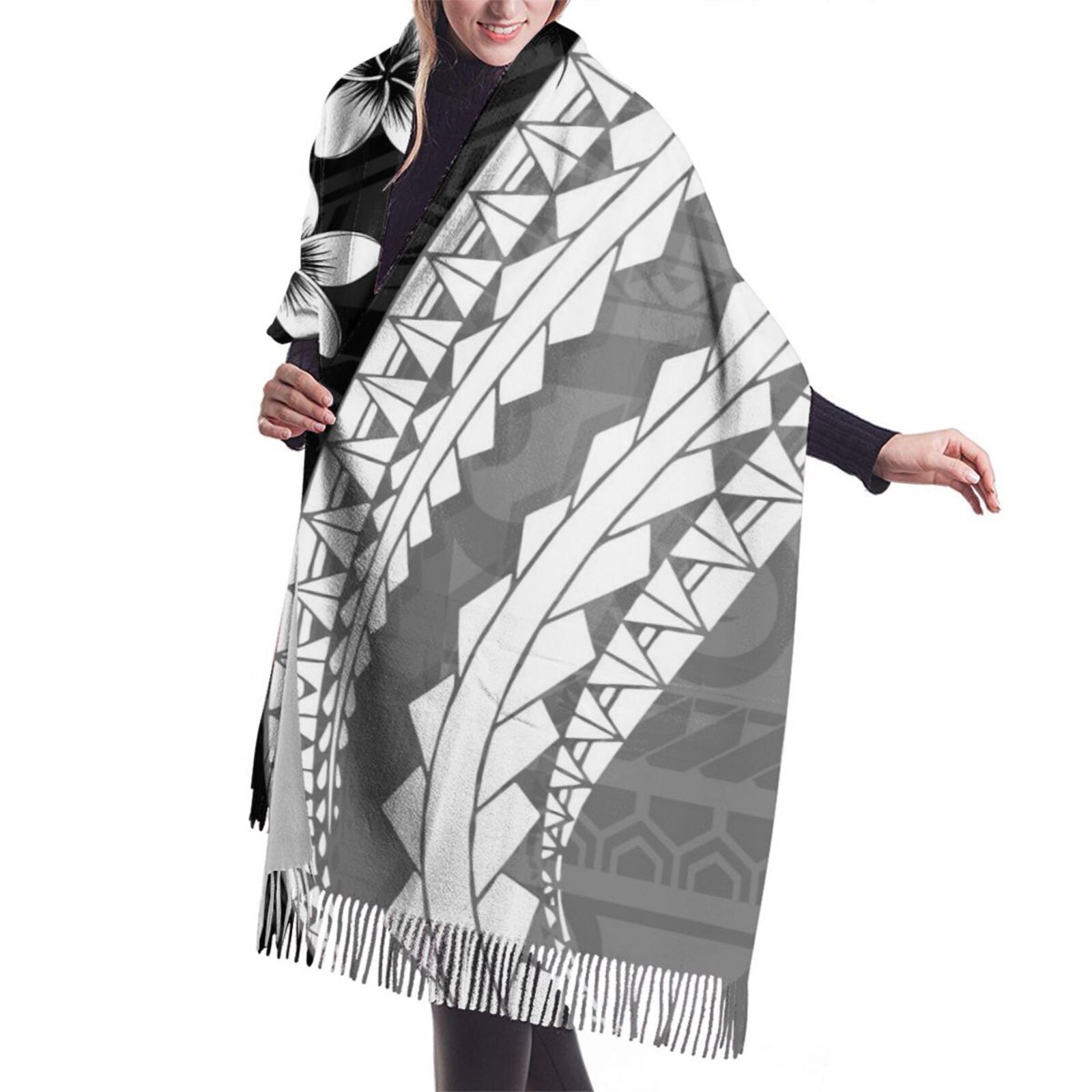 New Arrivals Charming Women Poncho Polynesian Grey White Cashmere Wool Jacquard Scarf Customized On Demand Pashmina Shawl