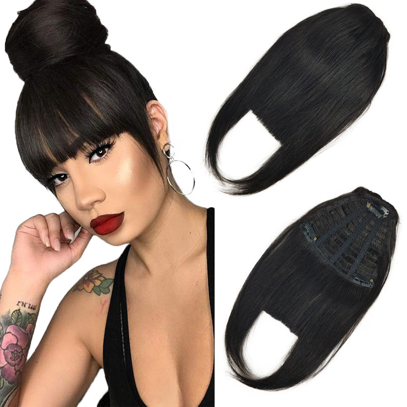 Brazilian Human Hair Bangs Fringe Clip On Real Hair for Black Women Natural Black Straight Hair Bangs Extension